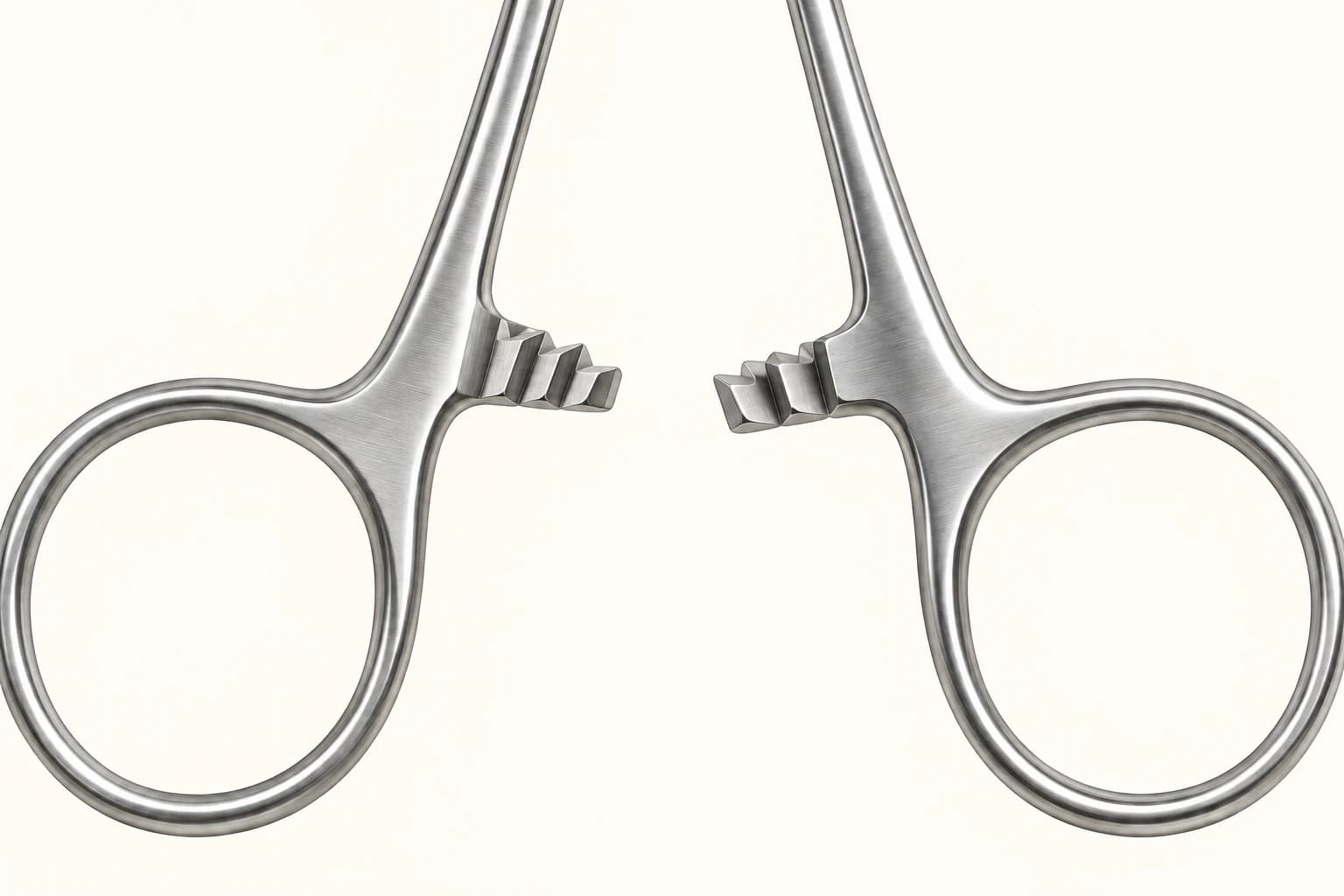 Opposed stepped locking teeth beside the finger rings of an open surgical clamp.