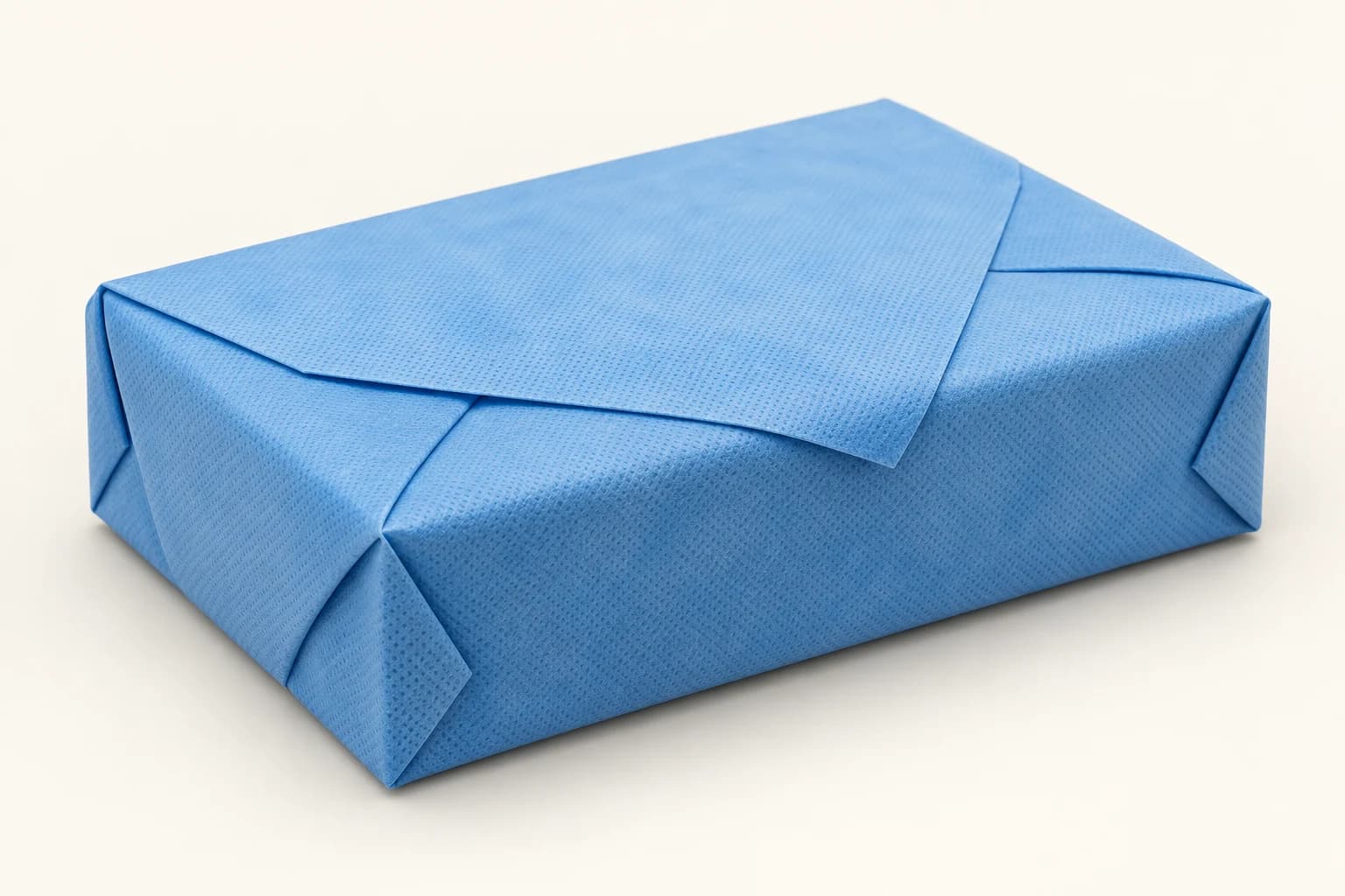 A rectangular tray enclosed in blue wrap with overlapping folds and no visible opening.