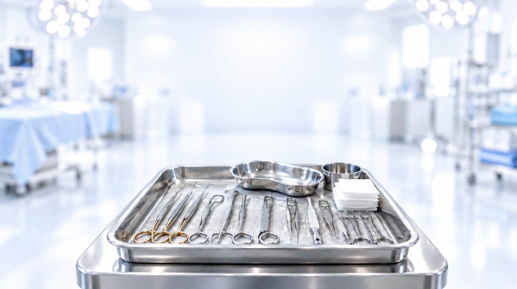 A tray of surgical instruments centered in a bright operating room